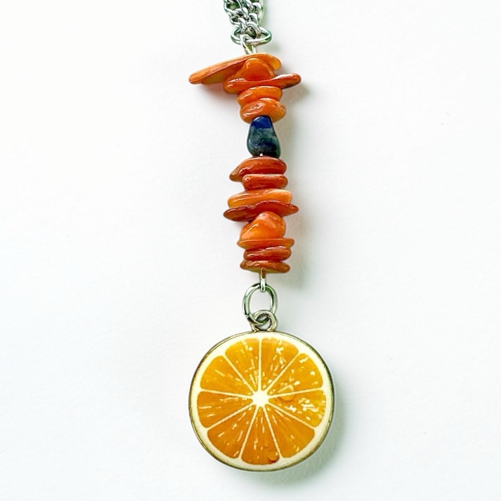 🆕 Enamel Orange Slice and Gemstones Pendant Necklace-Stainless Steel